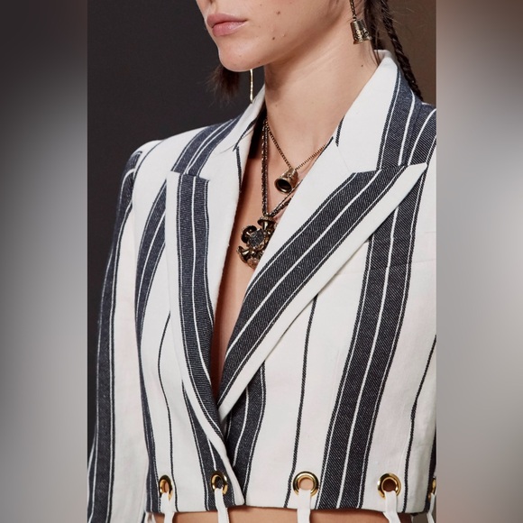 Alexander McQueen Striped Cotton & Linen Jacket with Eyelets in Ivory Size XS - Picture 9 of 10